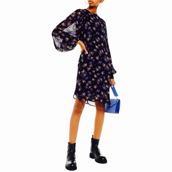 GANNI Georgette Floral Print Balloon Sleeve Mini Shift Dress Size 36/4 - Picture 1 of 10